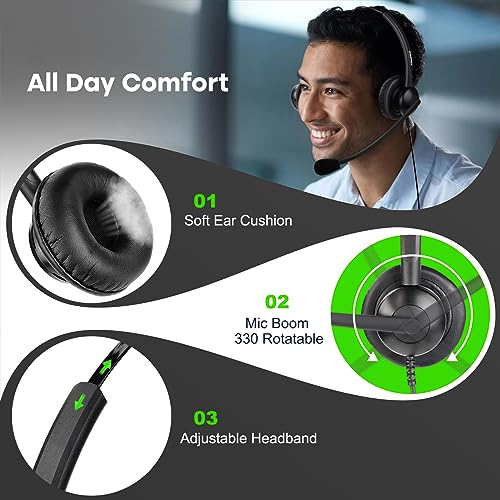 MAIRDI Phone Headset with RJ9 & 3.5mm Connectors for Landline Deskphone and Smartphone PC Laptops, Office Call Center Headset with Noise Canceling Microphone for Yealink Grandstream