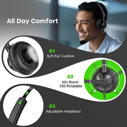 MAIRDI Phone Headset with RJ9 & 3.5mm Connectors for Landline Deskphone and Smartphone PC Laptops, Office Call Center Headset with Noise Canceling Microphone for Yealink Grandstream