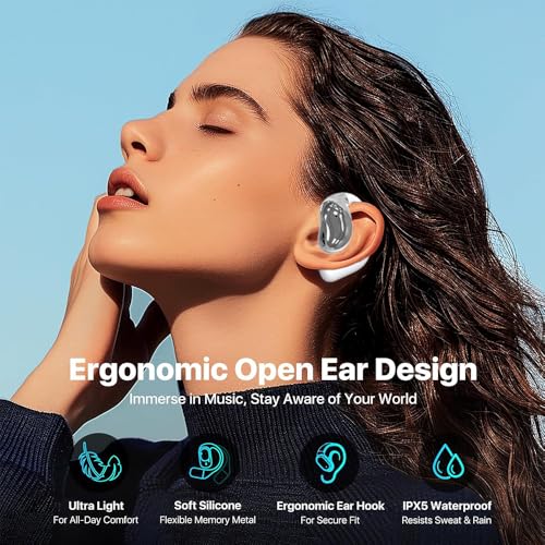 Piluyaa Open Ear Earbuds Ultra Comfort Wireless Bluetooth 5.4 Headphones Over The Ear Earbuds with Intelligent Touch Screen EarHooks IPX7 Waterproof Bone Conduction Earphones for Fitness Sports-White - color: WHITE