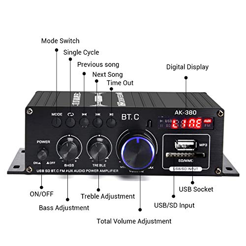 AK-380 Bluetooth 5.0 Home Audio Amplifier for Car Home Bar Garage | Max 400W+400W 2.0CH HiFi Stereo With 12V 5A Power Supply, Wireless Receiver With USB SD BT.C FM AUX - style: MAX 350Wx2