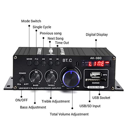 AK-380 Bluetooth 5.0 Home Audio Amplifier for Car Home Bar Garage | Max 400W+400W 2.0CH HiFi Stereo With 12V 5A Power Supply, Wireless Receiver With USB SD BT.C FM AUX - style: MAX 350Wx2