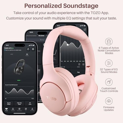 TOZO Hybrid Active Noise Cancelling Headphones, Hi Res Audio | Wireless Over Ear Bluetooth Headset, 60H Playtime, Custom EQ via App Deep Bass Comfort Fit Ear Cups, for Home Office Travel - color: Pink
