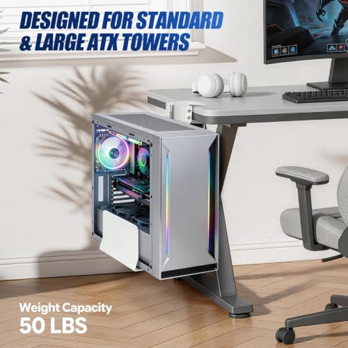 Adjustable Under Desk PC Mount, Heavy Duty No Drilling Clamp Mount on Desk Fits Most PC Tower 14.5”-22.4” (H) , Thickened & Ultra Strong CPU Holder for Standing Desk & Home Office, White - color: White