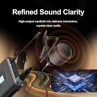 Gimkuls Wireless Lavalier Microphone System, Dual UHF Cordless Lapel Mic Set with 2 Bodypacks, 200 Channels, 328ft Range, XLR/6.35mm Outputs for Church, Speaking, Teaching, Interview