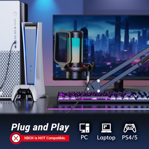 TONOR Gaming Microphone Set with Boom Arm, Vocal Condenser Microphone for Content Creators, USB Mic for PC with Stand, RGB, Tap Mute, Gain Control, Gaming Equipemnt, Twitch, Streaming, TC310+ | Boom Arm Set, USB Mic with Controllable Light, One Tap Mute,