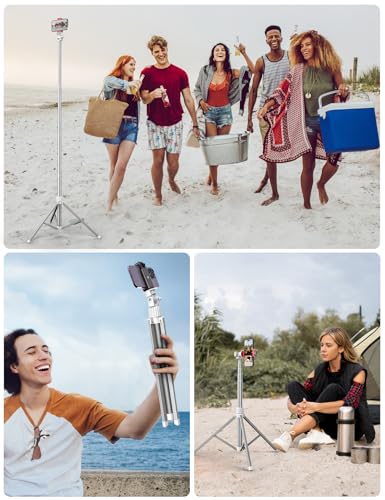 71'' Phone Tripod Stand, Extendable Reinforced Aluminum Phone Stand with Wireless Remote, Stable Cellphone Tripod Compatible with iPhone 14/13/12 Galaxy S23/S22 Huawei (White) - style: 71'' White