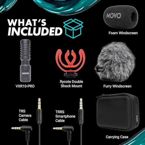 Movo VXR10-PRO Professional Video Microphone for Camera with Rycote Lyre Shock Mount - Shotgun Mic Compatible with DSLR Cameras and iPhone, Android Smartphones
