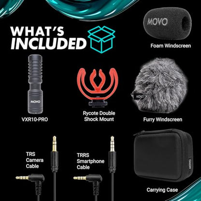 Movo VXR10-PRO Professional Video Microphone for Camera with Rycote Lyre Shock Mount - Shotgun Mic Compatible with DSLR Cameras and iPhone, Android Smartphones