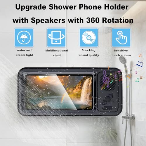 Shower Phones Holder With Speaker, Wall Mount Shower Phone Holder Waterproof, Bathroom Accessories, Waterproof Phone Case, 360° Rotation, Retractable Adjustable Bathroom Case Mount Shelf (Black) - color: Black