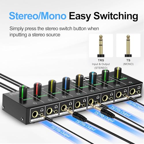 8 Channel Headphone Amplifier, 16 Outputs Stereo Audio Amplifier | Metal Headphone Amp with 1/4", 1/8" & RCA Inputs, RGB Volume Control, Stereo/Mono Switch for Studio, Podcast, Streaming - size: M
