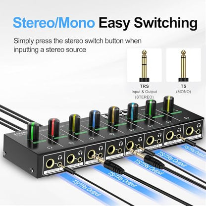 8 Channel Headphone Amplifier, 16 Outputs Stereo Audio Amplifier | Metal Headphone Amp with 1/4", 1/8" & RCA Inputs, RGB Volume Control, Stereo/Mono Switch for Studio, Podcast, Streaming - size: M