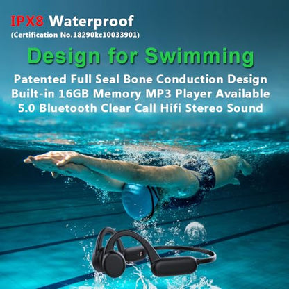 IHAO Swimming Headphones True Bone Conduction Open Ear Headset MP3 Player Built-in 32G Memory IP68 Underwater Waterproof Stereo Bluetooth Earphone for Driving Bicycling Running Skiing-X18 Black - color: X18 Black