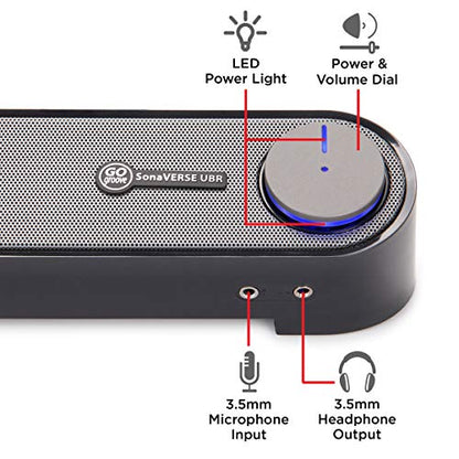GOgroove Computer Speaker Mini Soundbar - USB Powered PC Sound Bar with Easy Setup Wired AUX, Stereo Audio, Microphone Port, Volume Control Knob, Under Monitor Design for Desktop (Black) - color: Black and Grey