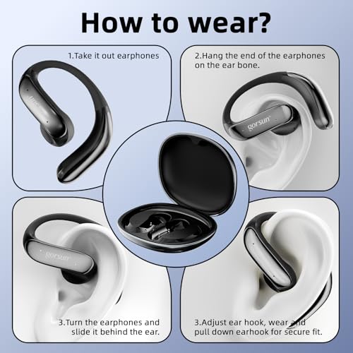 Open Ear Bluetooth Headphones Wireless, Touch Control Earphones Lightweight Design, Bluetooth 6.0, 20H Playtime,Built-in Mic,Ear Hooks Ear Buds Design, Wireless Bluetooth Headset for Work - color: Black