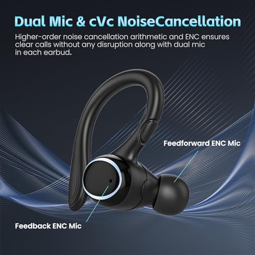 Wireless Earbuds Bluetooth 5.3 Headphones Stereo Ear Buds, ENC Noise Cancelling Mic,IPX7 Waterproof Earphones with Hook for Android iOS Smart Phone Laptop Computer Sports - Black
