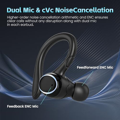 Wireless Earbuds Bluetooth 5.3 Headphones Stereo Ear Buds, ENC Noise Cancelling Mic,IPX7 Waterproof Earphones with Hook for Android iOS Smart Phone Laptop Computer Sports - Black