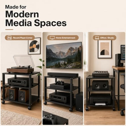 3-Tier AV Media Stand, Audio-Video Media Stand with Wheels, Corner Shelf for Record Player Audio Rack Tower for Speakers & Multimedia Equipment