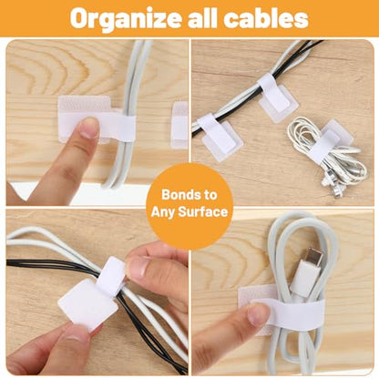 50 Pcs Cable Management Under Desk Wire Clips Under Table Hook and Loop Cable Straps White Adjustable Self-Adhesive Cables Ties Reusable Cord Organizer Holder for Home, Office
