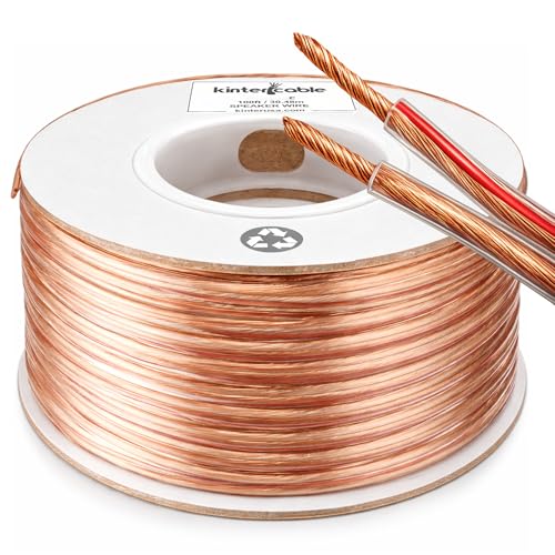 Kinter Cable 100ft 14-Gauge Audio Stereo Speaker Wire 30.48 Meters 2 Conductor Polarity Marked Clear PVC, CCA, Spool in Box, for Home Theater, HiFi, Surround, Car Audio, 117 High Strand Count (.15 OD)