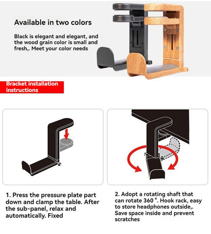 No-Drill Desk Clamp Headphone Hook – 360° Rotating Headphone Stand with Multi-Functional Storage Hanger for Office, Gaming & Home Use (Double Hook Black) - color: Double hook Black