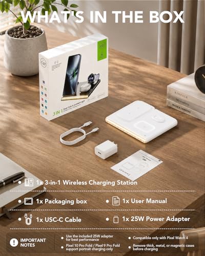 3 in 1 Wireless Charging Station with Night Light for Google Pixel Watch 4 | Google Wireless Charger for Pixel 10, Travel Nightstand Dock, Pixel Watch Phone Charger Stand(Only for Google Watch 4) - color: White