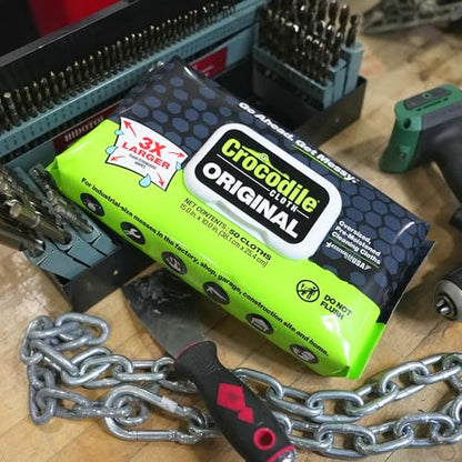 Crocodile Cloth Original Heavy-Duty Hand & Tool Wipes, 50 Count | Multi-Surface, Water-Based, Safe on Skin, 15" x 10" - size: 50 Count (Pack of 1)