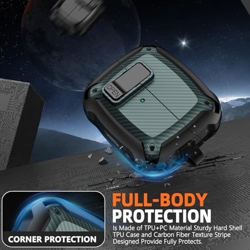 Safety Lock Case for Samsung Galaxy Buds3 FE/Pro/3 (Green) | Carbon fibre texture Design,with Cleaning Kit & Keychain,Mecha Protective Case - color: A-green