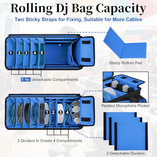 Large Rolling Dj Cable Bag with Detachable Dividers, Bottom Pad | Dj Bag for Equipment and Accessories with Laptop and Microphone Pocket, Dj Gig Bag for Musician, Professional, Travel, Blue - color: Blue, style: Rolling Dj Cable Bag