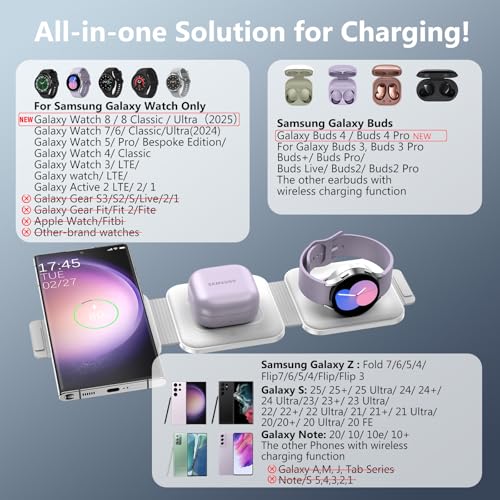 Travel Charger for Samsung Multi Devices, Foldable 3 in 1 Wireless Charging Station Fast Charging Stand/Pad Compatible for Samsung Galaxy S25/S24/S23/S22/S21/Note20 Galaxy Watch8/7/6/5/4/Galaxy Buds4 - color: white