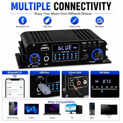 Romicta 4 Channel Bluetooth 5.0 Stereo Amplifier, 50Wx4 Home Audio Stereo Receiver, 1200W Max, USB/SD/FM, Class D HiFi Power Amp for Home Theater, Car & Karaoke, Includes Remote & Power Adapter - style: 4.0 CH (With FM)