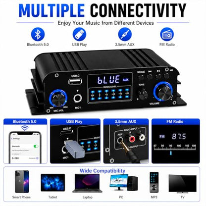 Romicta 4 Channel Bluetooth 5.0 Stereo Amplifier, 50Wx4 Home Audio Stereo Receiver, 1200W Max, USB/SD/FM, Class D HiFi Power Amp for Home Theater, Car & Karaoke, Includes Remote & Power Adapter - style: 4.0 CH (With FM)