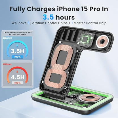 WAITIEE Foldable Wireless Charger for iPhone 17 16 15 14 13 12 11 X 8, 3 in 1 Charging Station for Apple Watch & for AirPods (Black) - color: Black
