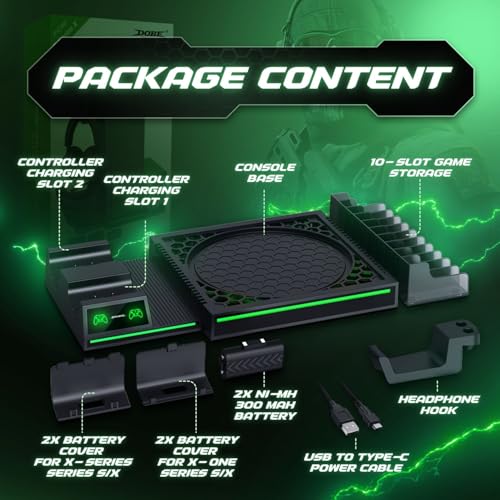 TNP Xbox Series X Charging Station and Vertical Stand with Dual Charger | 2 Rechargeable 300Mah Batteries, 10-Game Storage and Headset Hook Organize Your Console Setup While Charging 2 Controllers