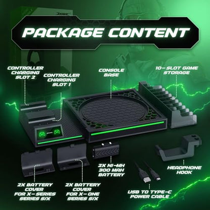 TNP Xbox Series X Charging Station and Vertical Stand with Dual Charger | 2 Rechargeable 300Mah Batteries, 10-Game Storage and Headset Hook Organize Your Console Setup While Charging 2 Controllers