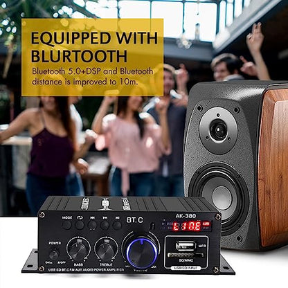AK-380 Bluetooth 5.0 Home Audio Amplifier for Car Home Bar Garage | Max 400W+400W 2.0CH HiFi Stereo With 12V 5A Power Supply, Wireless Receiver With USB SD BT.C FM AUX - style: MAX 350Wx2