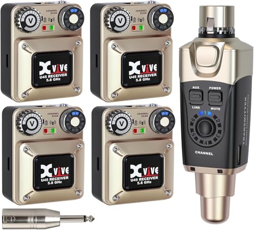 Xvive U45R4 Wireless in Ear Monitor System 5.8ghz IEM System 1 Transmitter and 4 Bodypack Receiver for Studio, Band Rehearsal, Live Performance, Channel Scan Mode - style: U45R4