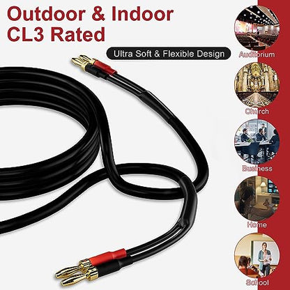 HiFind Speaker Cable Wire 25 Ft with Gold-Plated Banana Tip Plugs-UL CL3 Rated-Indoor&Outdoor&in Wall-Flexible-16 AWG Gauge Tinned Copper for Bi-Wire Bi-Amp HiFi Surround Sound-Black - size: 25FT