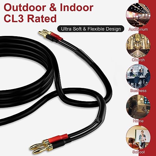 HiFind Speaker Cable Wire 20 Ft with Gold-Plated Banana Tip Plugs-UL CL3 Rated-Indoor&Outdoor&in Wall-Flexible-16 AWG Gauge Tinned Copper for Bi-Wire Bi-Amp HiFi Surround Sound-Black - size: 20FT