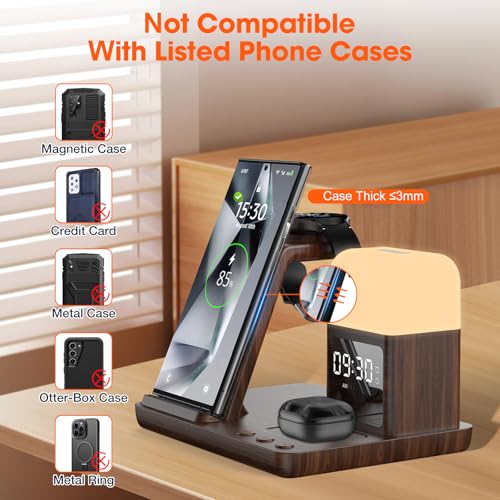 Wireless Charger for Samsung/Android Charging Station, 6 in 1 Fast Watch Charger with Alarm Clock-Night Light, Compatible for Galaxy S25 Ultra/S24, Only for Samsung Watch8/7, Galaxy Buds3 Pro(Walnut) - color: Walnut