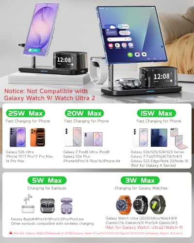 Qi2.2 25W 6-in-1 Magnetic Charging Station for Samsung, Alarm Clock | Night Light,Bluetooth Speaker,Fast Wireless Charger Stand for Z Fold 8 Ultra/Fold8 Wide/S26 Ultra (Not for Watch 9/Ultra2)