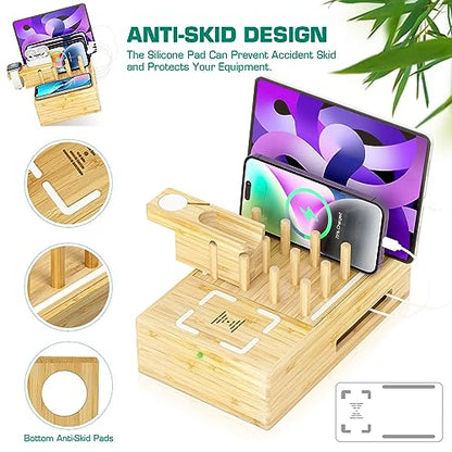 Bamboo Wireless Charging Station for Multiple Devices - Wood Docking Station Organizer, Qi Certified Fast Wireless Charger, 7 USB Charging Ports for Cellphone, Smart Watch, Earbuds, Tablet | Qi Certified Fast Wireless Charger, 7 USB Charging Ports for Pho