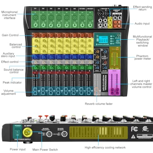 8-Channel Audio Mixer, Recording Sound Board with Bluetooth