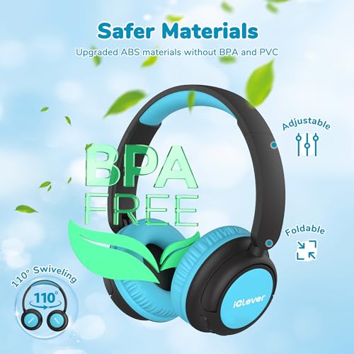 iClever BTH22 Kids Bluetooth Headphones for Toddler Travel, 60H Play Time | SafeSound Tech3.0, Stereo Sound, USB C Fast Charging, AUX Cable, Kids Wireless Headphones for Girls/Boys/Tablet/PC/School - color: Black/Blue
