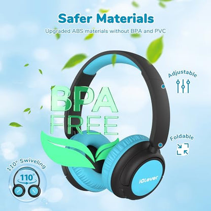 iClever BTH22 Kids Bluetooth Headphones for Toddler Travel, 60H Play Time | SafeSound Tech3.0, Stereo Sound, USB C Fast Charging, AUX Cable, Kids Wireless Headphones for Girls/Boys/Tablet/PC/School - color: Black/Blue
