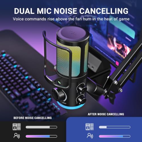 FIFINE AM6T Gaming USB Condenser Mic for PC | ChatMix Dial (Balance Game & Chat Audio), Noise Cancellation, RGB, Quick Mute, Gain Knob, Boom Arm for Streaming on Twitch