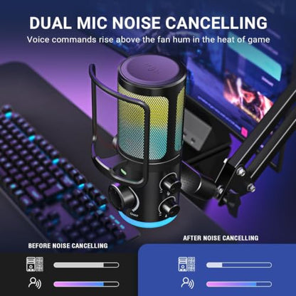 FIFINE AM6T Gaming USB Condenser Mic for PC | ChatMix Dial (Balance Game & Chat Audio), Noise Cancellation, RGB, Quick Mute, Gain Knob, Boom Arm for Streaming on Twitch
