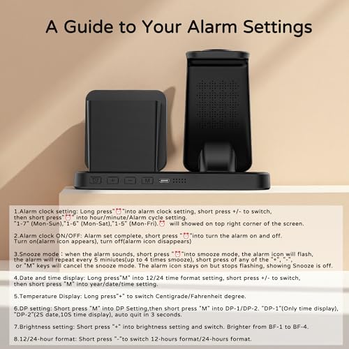 5 in 1 Wireless Charging Station with Alarm Clock Pen Holder, Fast Wireless Charger for iPhone 17/16/15/14/13/12/Pro/Max/Air, for iWatch & AirPods, Charger Stand with Temperature, Snooze Model White - color: WHITE
