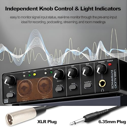 2X2 USB Audio Interface for PC Mac Laptop, 24Bit 192kHz for Computer Recording, Guitar, Streaming, Podcasting, with 48V Phantom Power, XLR TSR TS Ports