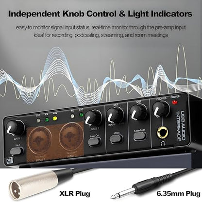2X2 USB Audio Interface for PC Mac Laptop, 24Bit 192kHz for Computer Recording, Guitar, Streaming, Podcasting, with 48V Phantom Power, XLR TSR TS Ports
