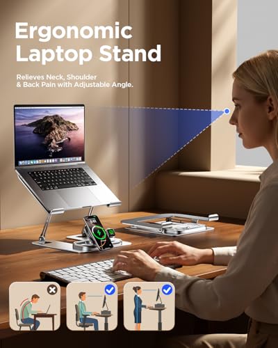 Adjustable Laptop Stand with Wireless Charger, Qi2 15W, 4in1 | Qi2 15W fast charging for phone and watch. 3-in-1 station with LED light. Fits 10-17.3 inch laptops. Foldable, holds 22lb